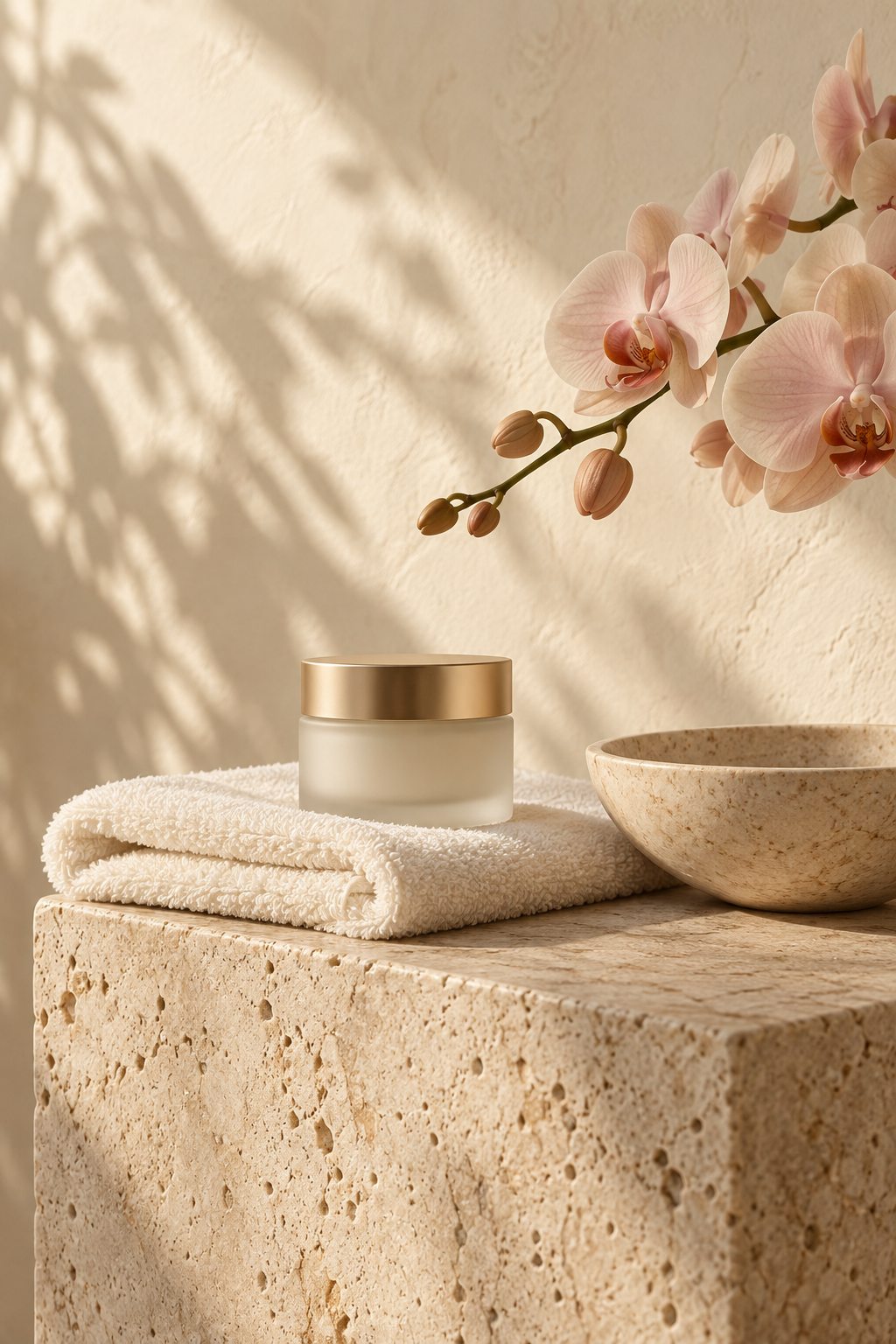Orchidee cipria, cosmetici e tessuti naturali in una composizione dedicata al benessere